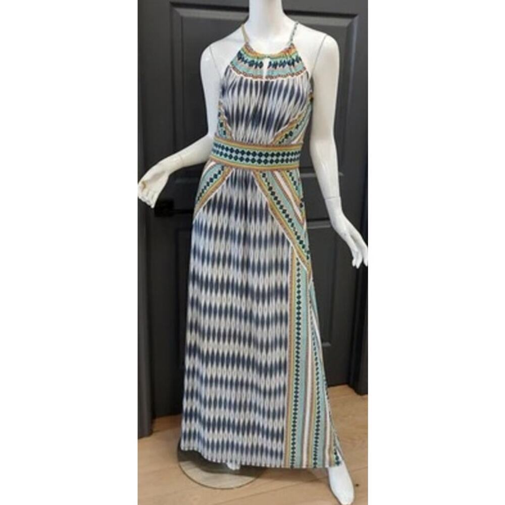 London Times Stretchy Maxi Dress Fun Pattern Beachy Vacation Vibes